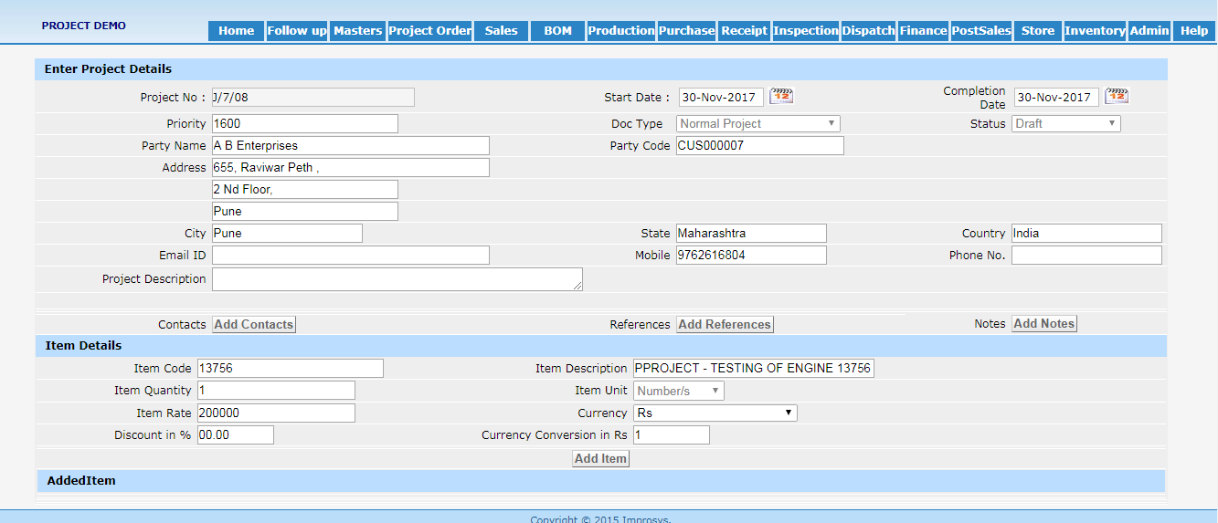 Project Entry in Production Planning