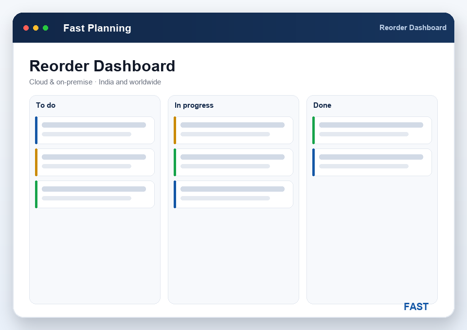 Reorder-level dashboard listing items below their reorder point with a suggested purchase requisition and a stock reservation view